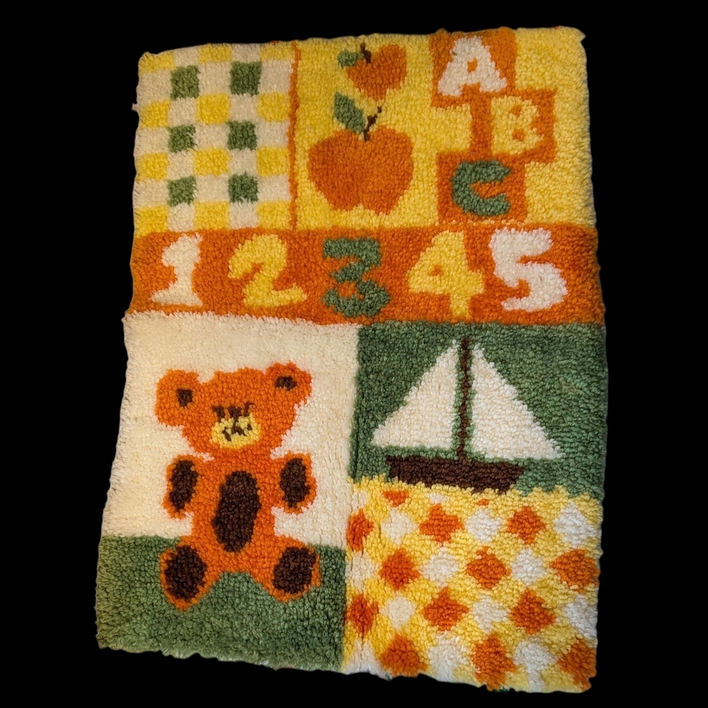 70s Vintage Latch Hook Rug Baby Nursery Wall Hanging Rug Colorful Yarn Art